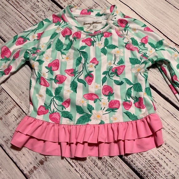 Tommy Bahama girls' pink and green strawberry print swim top. Size 4T - Picture 5 of 5